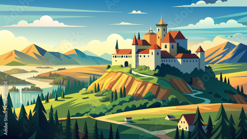 The scenic Slovak countryside surrounds majestic Spis Castle, rising proudly atop rugged cliffs. Birds soar above ancient towers, echoing history across peaceful valleys and sun-drenched slopes beneat