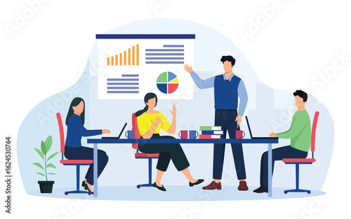 Business meeting, team seminar and team work concept. A group of diverse people leading a discussion at a table near a whiteboard with charts and graphs. Vector illustration,