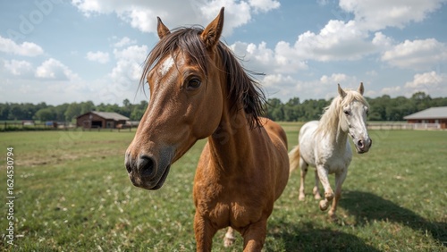 Elegant close-up capture of mixed brown and white horses
