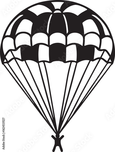 Black and white illustration of a parachute with a person descending skydiving descent