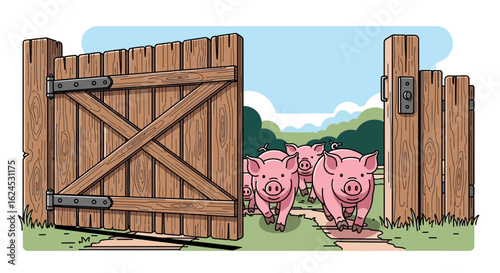 Cheerful Pink Pigs Exiting an Open Wooden Farm Gate Illustration