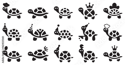 Black Silhouette Icons of Tortoises with Different Party Hats and Accessories