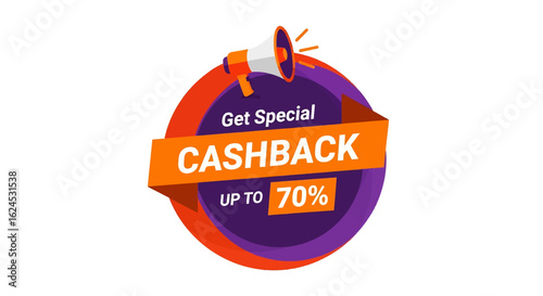 isolated flat illustration with transparent background of a Get Special CASHBACK promotion label with megaphone icon. Ideal for announcing limited-time offers and discounts