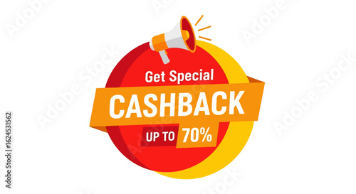 isolated flat illustration with transparent background of a Get Special CASHBACK promotion label with megaphone icon. Ideal for announcing limited-time offers and discounts