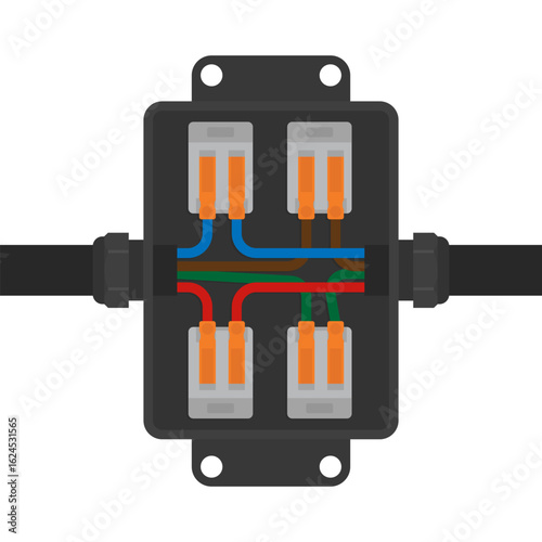 Electrical junction box with wire connectors. Vector illustration for use in technical manuals, safety guides, educational content, and engineering presentations