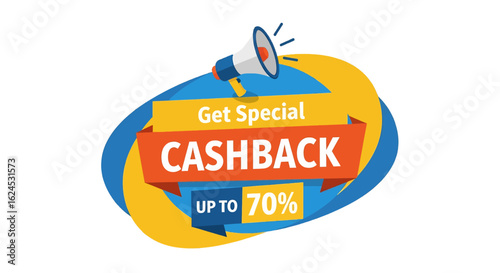 isolated flat illustration with transparent background of a Get Special CASHBACK promotion label with megaphone icon. Ideal for announcing limited-time offers and discounts