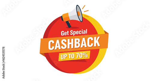 isolated flat illustration with transparent background of a Get Special CASHBACK promotion label with megaphone icon. Ideal for announcing limited-time offers and discounts