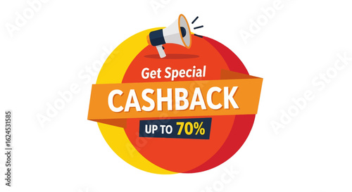 isolated flat illustration with transparent background of a Get Special CASHBACK promotion label with megaphone icon. Ideal for announcing limited-time offers and discounts