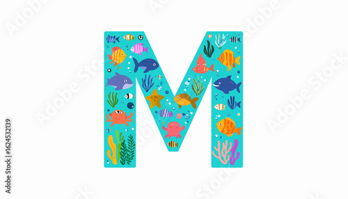 Colorful ocean life forms fill the letter M, a vibrant underwater alphabet illustration.