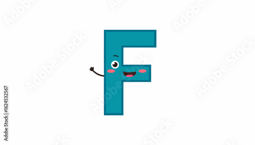 Cartoonish teal capital letter F with expressive eyes, mouth, and arms.