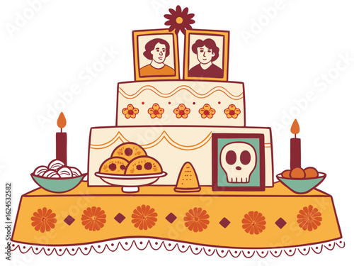 Traditional Dia de los Muertos altar ofrenda, with framed photos of ancestors, candles, skulls, marigold flowers
