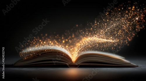 An open book emitting a radiant stream of golden particles in a dark setting