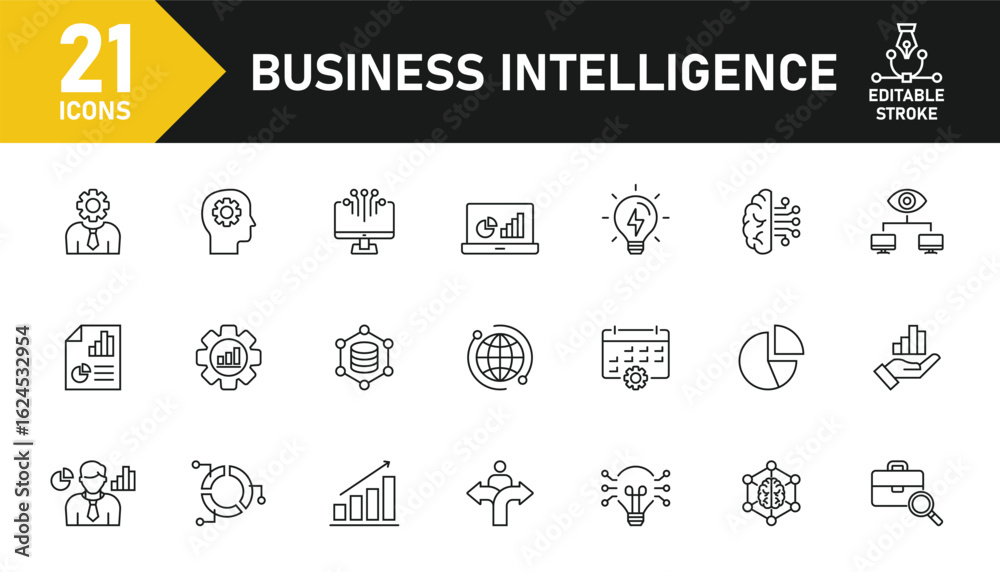 Fototapeta premium Business Intelligence line icon set. Set of 21 outline icons related to analysis, data, business, intelligence, management, visualization, idea, bi and others. Editable stroke. Vector illustration.