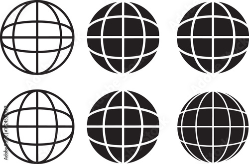 Collection of six stylized globe icons with grid lines