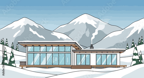 Modern Winter House in Snowy Mountain Landscape - Contemporary Retreat Illustration