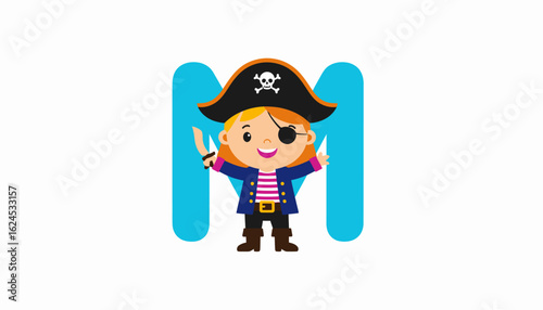 Cartoon image of a girl dressed as a pirate with a sword, an eyepatch, and a pirate hat, standing in front of a blue letter M.