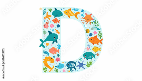 Ocean life forms creatively arranged to form the letter D.