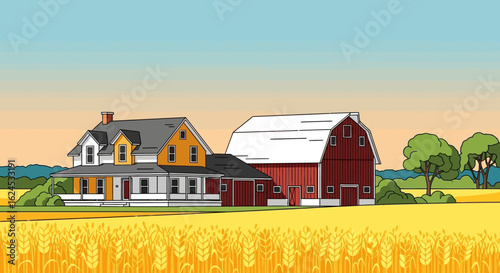 Vibrant Cartoon Farm Landscape: Traditional House, Red Barn, and Golden Wheat Field Under Blue Sky