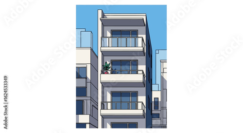 Modern multi-story apartment building with balconies under clear blue sky, contemporary urban architecture illustration.
