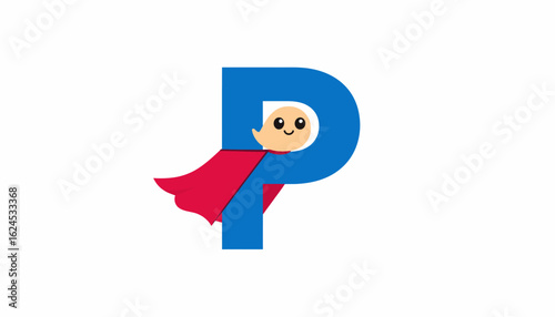 A cartoon letter P in blue with a cute ghost wearing a red superhero cape, on a white background.