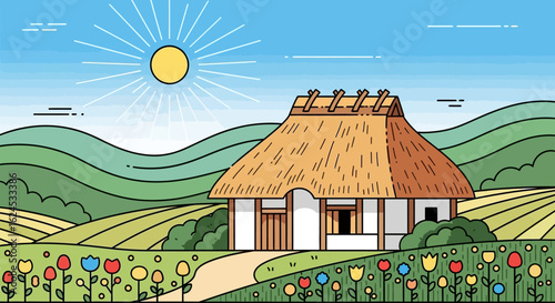 Traditional Thatched House in Idyllic Rural Landscape with Rolling Green Hills and Colorful Flowers