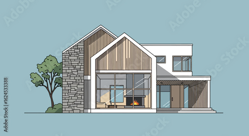 Modern House Architectural Illustration with Stone Wall, Large Windows, and Cozy Interior