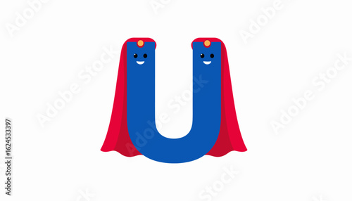 A cheerful, blue letter U, superhero-styled, with red capes and crowns.