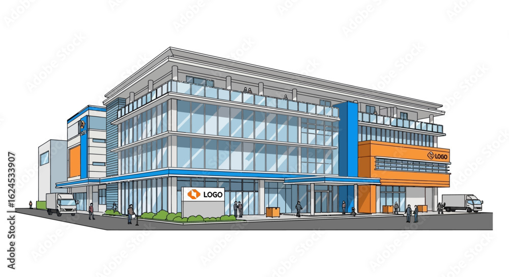 Contemporary corporate building illustration with glass facade, modern architecture, and professional design Contemporary corporate building illustration with glass facade, modern architecture, and professional design