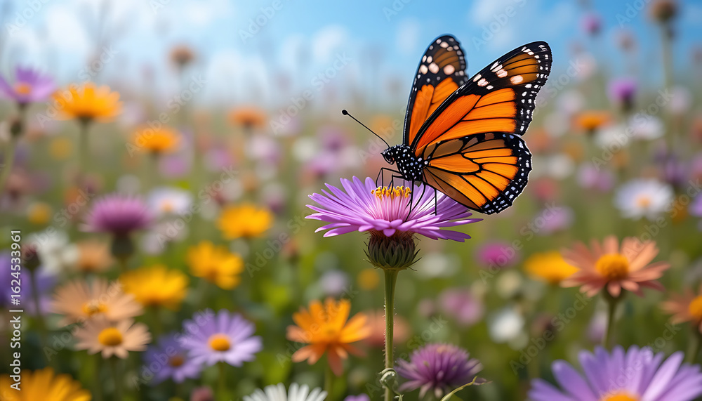 Fototapeta premium Monarch Butterfly on Wildflowers: Vibrant Nature Photography
