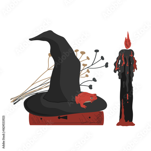 Halloween Dark Aesthetic Composition with a Witch Hat, red Frog and spooky black melting candle. Vector Autumn illustration.
