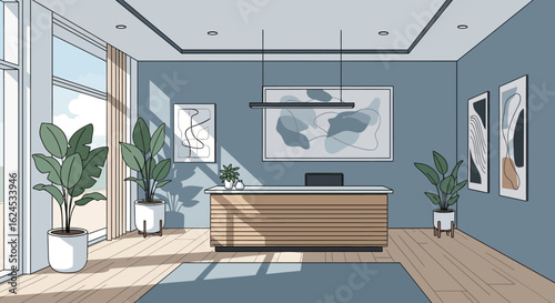 Stylish corporate lobby with a wooden reception desk, large windows, and potted plants, bathed in sunlight.