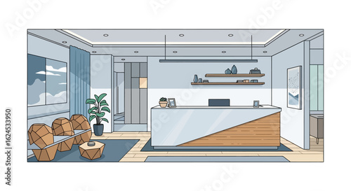 Modern Reception Area and Waiting Room Interior Illustration with Stylish Desk and Furniture