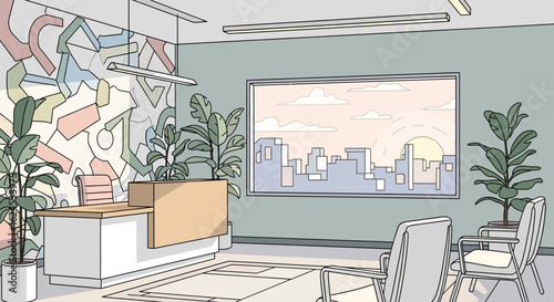 Modern Office Reception with Abstract Art, Indoor Plants, and City View