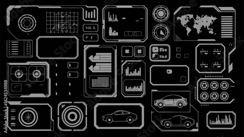 Futuristic display interface with data visualization for vehicle management and navigation systems