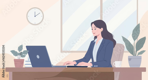 Smiling businesswoman working on laptop at her desk, perfect for website banners or business brochures.
