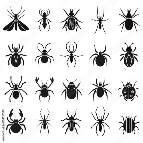 Assortment of insect and bug silhouettes in black and white beetle spider