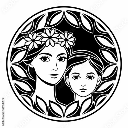 Black and white circular emblem featuring mother and child portraits with floral border family love