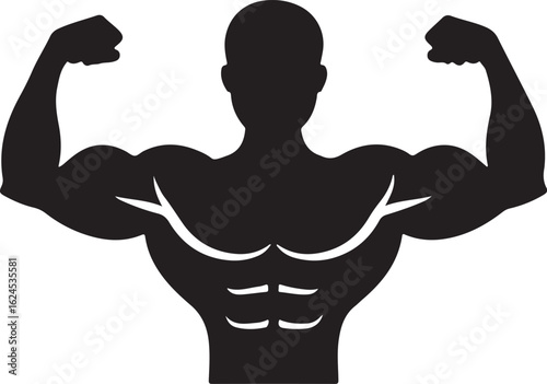 Muscular man flexing arms showing biceps and abs silhouette bodybuilder