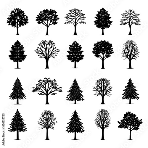 Collection of diverse tree silhouettes in black and white trees nature