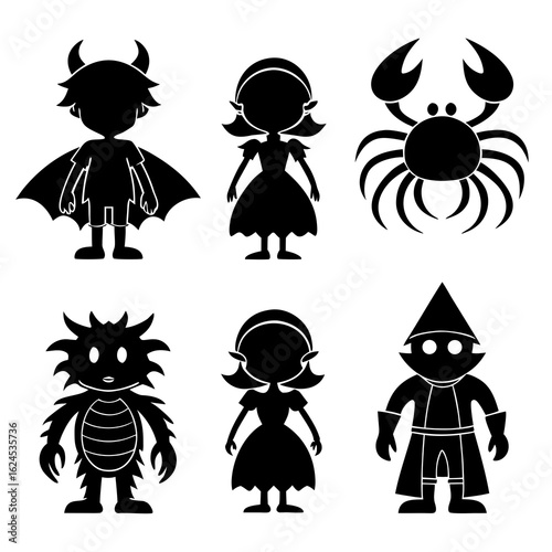 Diverse fantasy character silhouettes including dragon and gnome vector illustration