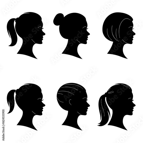 Six black silhouette profiles of women with different hairstyles on white background vector illustration