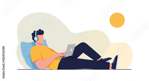 Relaxed man working on laptop, listening to music - perfect for blog, website or app design.