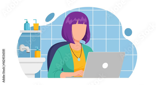 Woman working on laptop in bathroom, perfect for articles about remote work, work-life balance, or modern lifestyle.