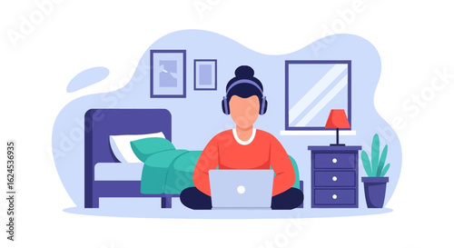 Person working from home on laptop, wearing headphones, perfect for illustrating remote work, online learning, or work-life balance.