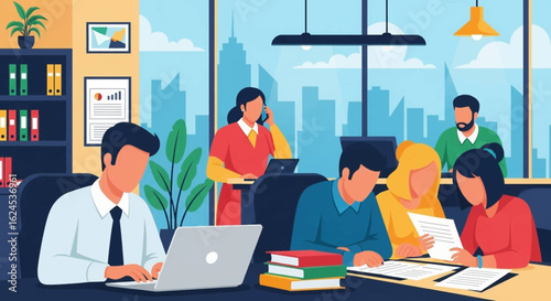 Diverse team collaborating in a modern office, perfect for illustrating teamwork and productivity for business presentations or website banners.