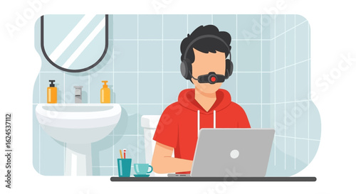 Person working on laptop in bathroom, illustration for articles about work-life balance or remote work.