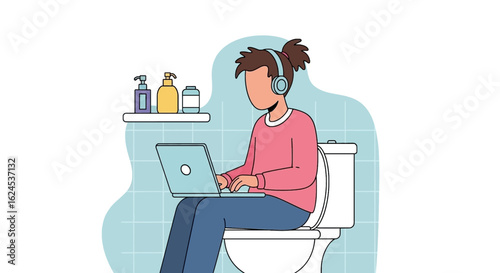 Person working on laptop while sitting on toilet, illustration for blog post or social media.