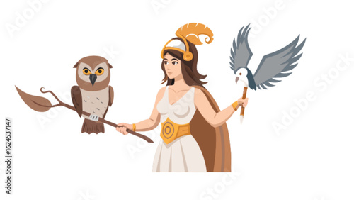 Athena greek goddess of wisdom strategy and warfare with owl and bird illustration vector art design