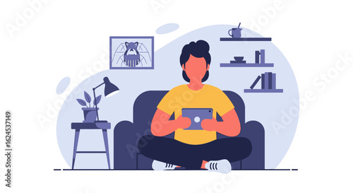 Person relaxing at home using a tablet, perfect for website banners or blog posts about comfort and technology.