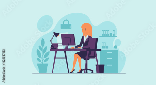 Businesswoman working at her desk, ideal for websites, presentations, and marketing materials.